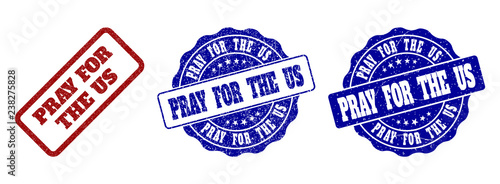 PRAY FOR THE US grunge stamp seals in red and blue colors. Vector PRAY FOR THE US labels with dirty effect. Graphic elements are rounded rectangles, rosettes, circles and text labels. photo