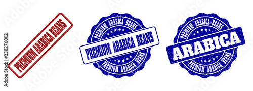 PREMIUM ARABICA BEANS grunge stamp seals in red and blue colors. Vector PREMIUM ARABICA BEANS signs with grainy texture. Graphic elements are rounded rectangles, rosettes, circles and text titles.