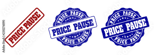 PRICE PAUSE scratched stamp seals in red and blue colors. Vector PRICE PAUSE labels with dirty texture. Graphic elements are rounded rectangles, rosettes, circles and text labels.