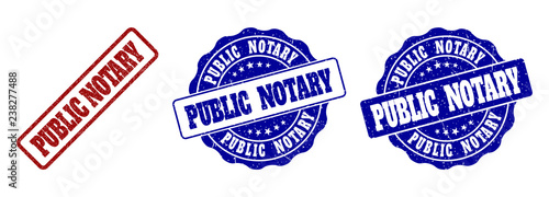 PUBLIC NOTARY grunge stamp seals in red and blue colors. Vector PUBLIC NOTARY labels with distress texture. Graphic elements are rounded rectangles, rosettes, circles and text tags.