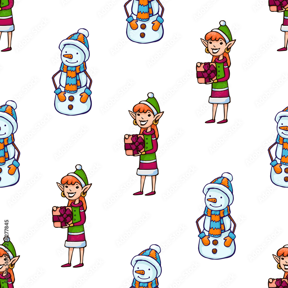 Naklejka premium Vector seamless New year pattern with cartoon snowman and Christmas elf