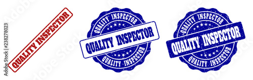 QUALITY INSPECTOR scratched stamp seals in red and blue colors. Vector QUALITY INSPECTOR signs with grainy texture. Graphic elements are rounded rectangles, rosettes, circles and text tags.