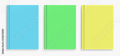 Rectangular vector blank colorful realistic book cover mockups set, closed organizer or notebook cover template with sheet of A4. Front view of blue, green and yellow notepad with binding mock up