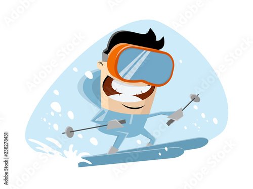 funny cartoon illustration of a skiing man