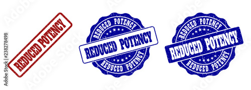 REDUCED POTENCY scratched stamp seals in red and blue colors. Vector REDUCED POTENCY labels with grainy surface. Graphic elements are rounded rectangles, rosettes, circles and text labels.