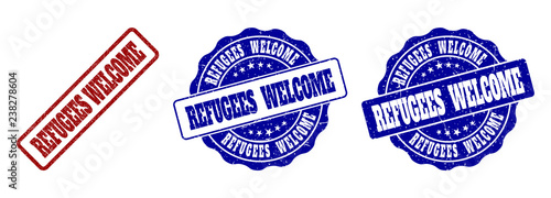 REFUGEES WELCOME grunge stamp seals in red and blue colors. Vector REFUGEES WELCOME labels with grunge texture. Graphic elements are rounded rectangles, rosettes, circles and text titles.