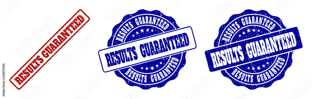 Fototapeta premium RESULTS GUARANTEED grunge stamp seals in red and blue colors. Vector RESULTS GUARANTEED labels with distress style. Graphic elements are rounded rectangles, rosettes, circles and text labels.