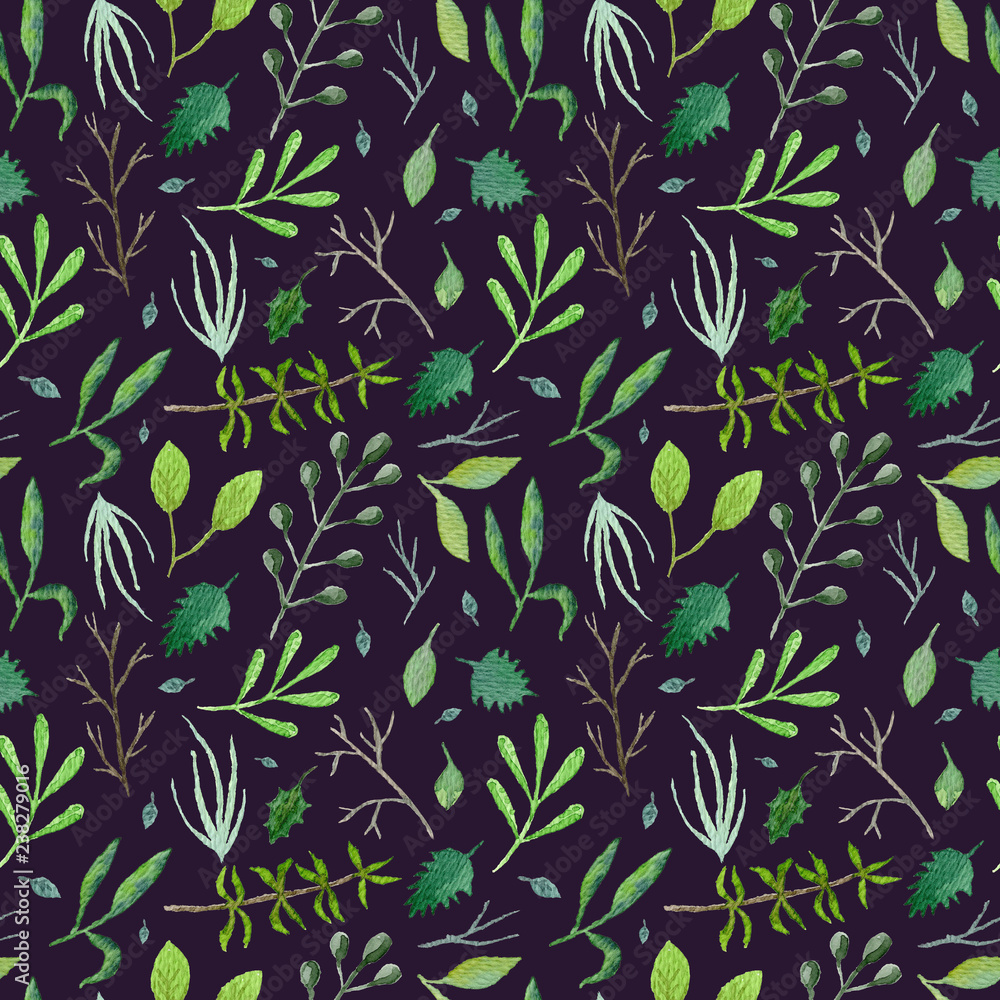 Dark greenery seamless pattern with mess of green and blue leaves and branches on purple background. Watercolor botanical texture for textile, wrapping paper, print design, surface, background Dark greenery seamless pattern with mess of green and blue leaves and branches on purple background. Watercolor botanical texture for textile, wrapping paper, print design, surface, background