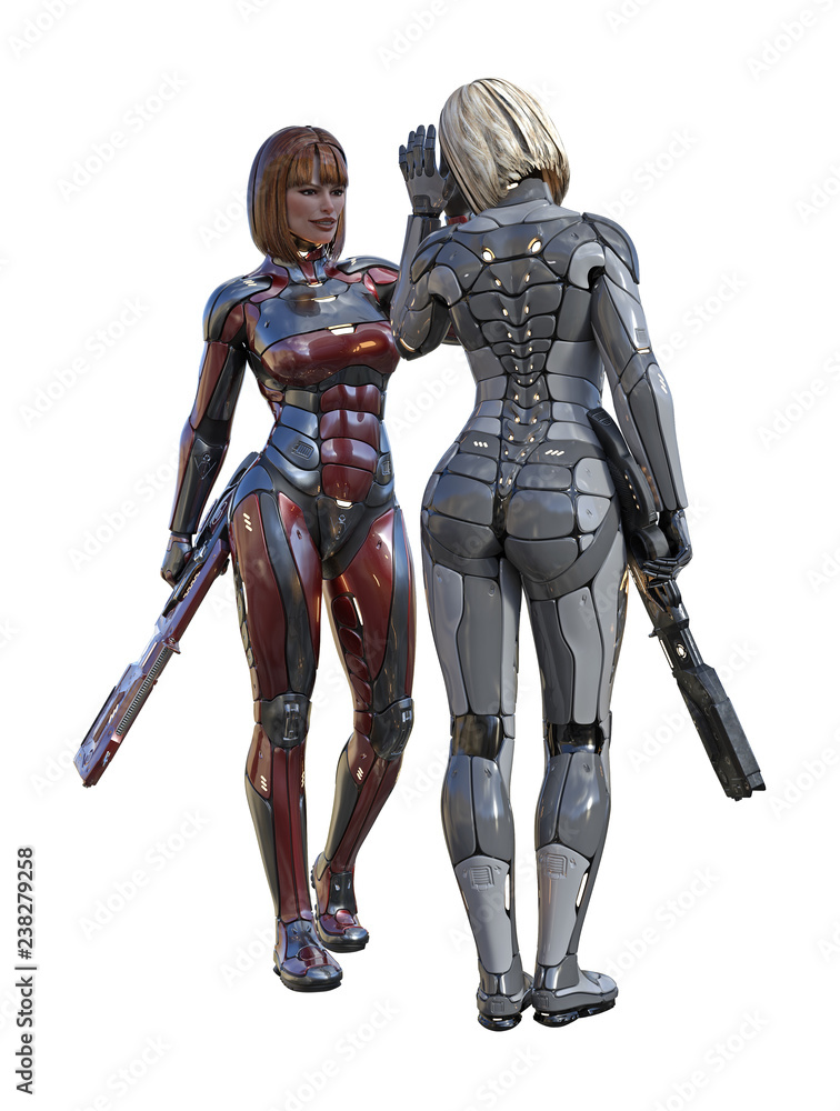 3d illustration of futuristic female soldiers in full body armor about to clap hands with each other isolated on a white background. 3d illustration of futuristic female soldiers in full body armor about to clap hands with each other isolated on a white background.