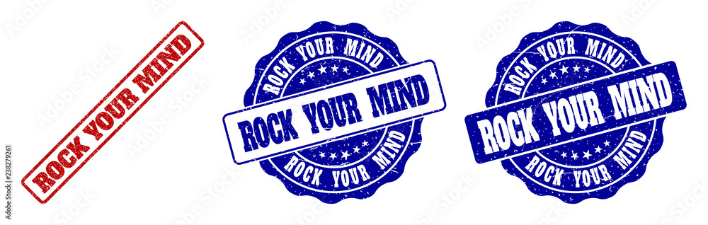 ROCK YOUR MIND grunge stamp seals in red and blue colors. Vector ROCK YOUR MIND watermarks with grunge surface. Graphic elements are rounded rectangles, rosettes, circles and text titles. ROCK YOUR MIND grunge stamp seals in red and blue colors. Vector ROCK YOUR MIND watermarks with grunge surface. Graphic elements are rounded rectangles, rosettes, circles and text titles.