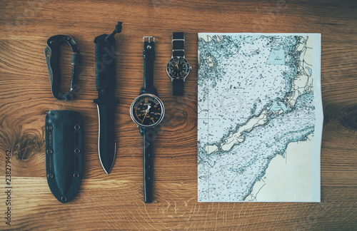 Retro nautical chart and diver equipment