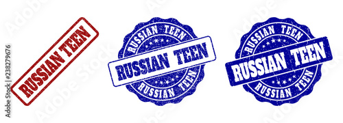 RUSSIAN TEEN grunge stamp seals in red and blue colors. Vector RUSSIAN TEEN signs with grunge effect. Graphic elements are rounded rectangles, rosettes, circles and text labels.