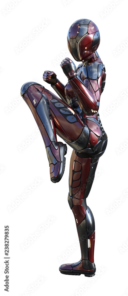 3d illustration of a futuristic helmeted female soldier in full body armor  in a combat pose with fists and leg up to kick isolated on a white  background. Stock Illustration