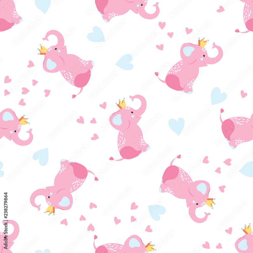 Vector Illustration. Seamless pattern for baby shower card with simple childish character. Cartoon style icon of funny elephant. Vector Illustration. Seamless pattern for baby shower card with simple childish character. Cartoon style icon of funny elephant.