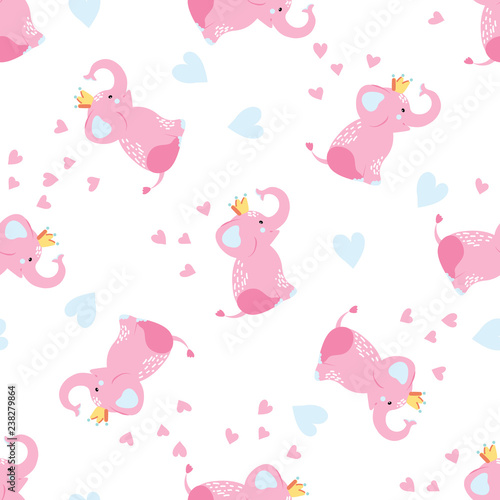 Vector Illustration. Seamless pattern for baby shower card with simple childish character. Cartoon style icon of funny elephant. 
