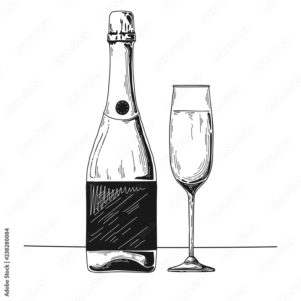 Bottle of champagne and glass. Vector illustration.
