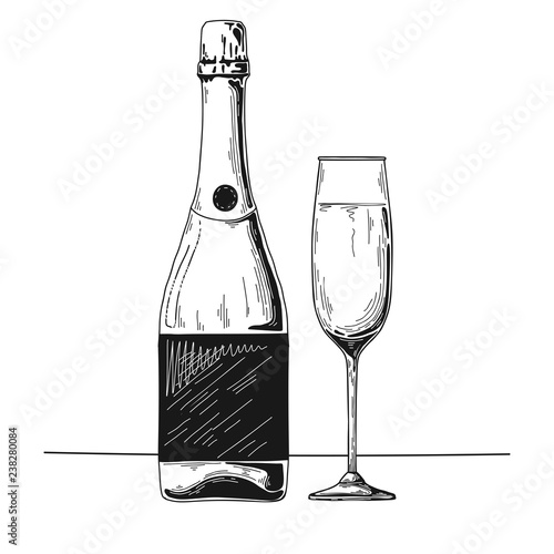 Bottle of champagne and glass. Vector illustration.