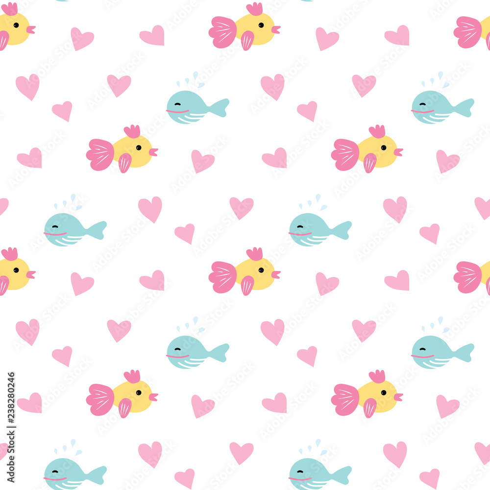 Vector Illustration. Seamless pattern with cartoon style icon of whale, funny fish toy for baby shower card. Background with simple accessory for kid bathing and game. Vector Illustration. Seamless pattern with cartoon style icon of whale, funny fish toy for baby shower card. Background with simple accessory for kid bathing and game.