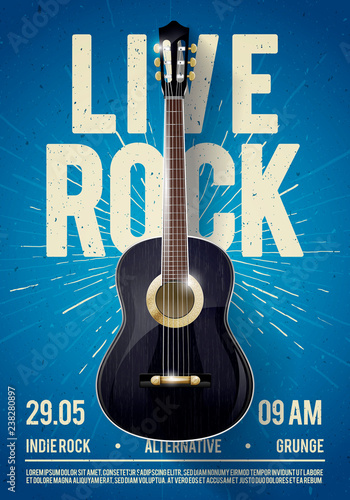 Vector Illustration Beautiful Live Classic Rock Music Poster template. For Concert Promotion in Clubs, Bars, Pubs and Public Places. Music Themed Wall Art with Cool Lettering and Classical Guitar