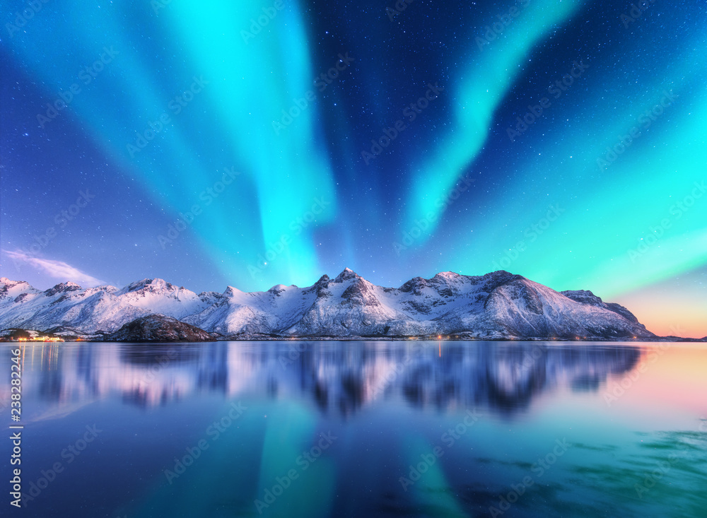 Karakter Beskæftiget pessimist Northern lights and snow covered mountains in Lofoten islands, Norway. Aurora  borealis. Starry sky with polar lights and snowy rocks reflected in water.  Night winter landscape with aurora, sea. Travel Stock Photo 