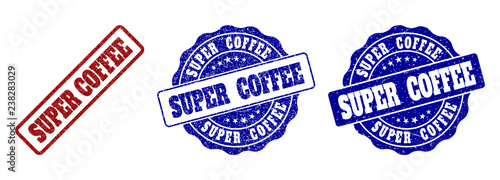 SUPER COFFEE scratched stamp seals in red and blue colors. Vector SUPER COFFEE labels with grainy effect. Graphic elements are rounded rectangles, rosettes, circles and text titles.
