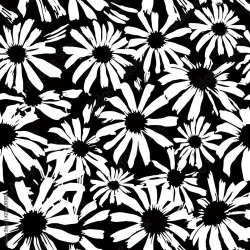 Daisies black and white pattern. Seamless floral pattern with daisy flowers. Simple floral background. Wildflower. Contrast striped summer pattern