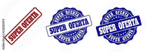 SUPER OFERTA grunge stamp seals in red and blue colors. Vector SUPER OFERTA watermarks with distress effect. Graphic elements are rounded rectangles, rosettes, circles and text tags.