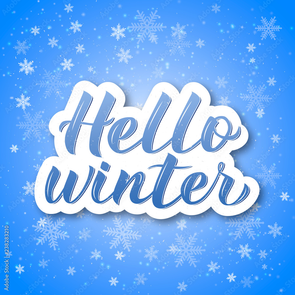 Hello Winter calligraphy lettering. Bright blue background with flying snowflakes. Winter party decorations. Holiday mood vector illustration.