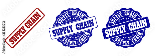SUPPLY CHAIN grunge stamp seals in red and blue colors. Vector SUPPLY CHAIN imprints with grunge effect. Graphic elements are rounded rectangles, rosettes, circles and text titles.