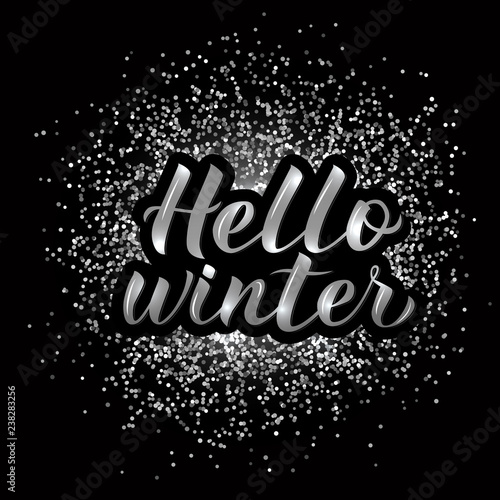 Hello Winter calligraphy lettering silver textured background. 3d hand lettering. Winter party disco typography poster. Vector illustration.