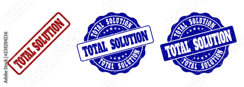 TOTAL SOLUTION grunge stamp seals in red and blue colors. Vector TOTAL SOLUTION watermarks with grunge surface. Graphic elements are rounded rectangles, rosettes, circles and text tags.