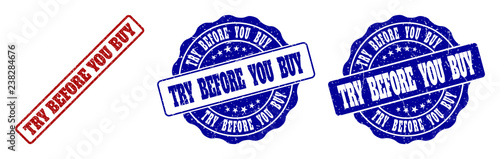 TRY BEFORE YOU BUY scratched stamp seals in red and blue colors. Vector TRY BEFORE YOU BUY watermarks with grunge surface. Graphic elements are rounded rectangles, rosettes, circles and text tags.