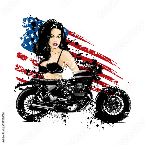 Beautiful biker girl with her motorcycle and american flag