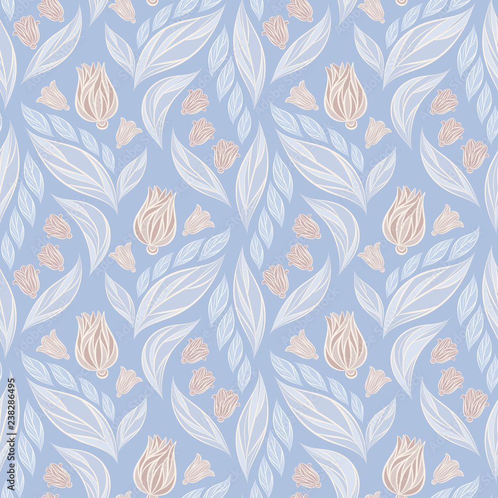 Seamless vector floral pattern with abstract flowers and leaves in pastel pink and white colors on blue background Seamless vector floral pattern with abstract flowers and leaves in pastel pink and white colors on blue background