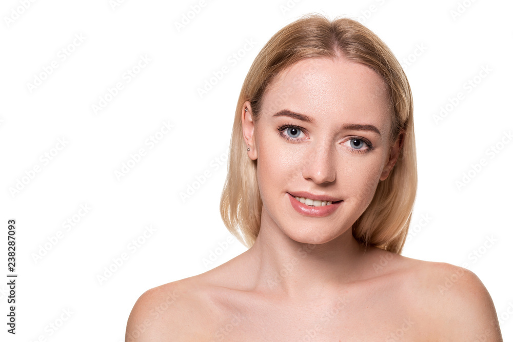 Beautiful face of young blond woman with clean fresh skin and natural make up on white background. Beautiful face of young blond woman with clean fresh skin and natural make up on white background.