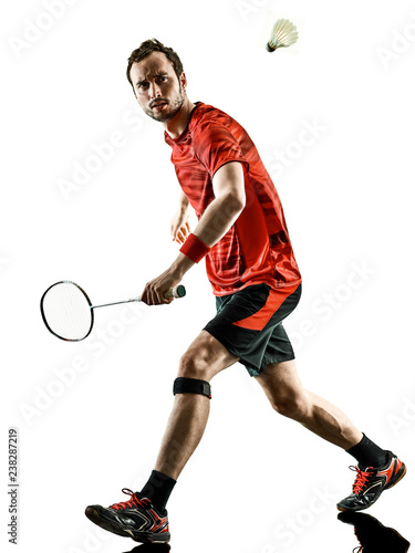 one caucasian Badminton player man in studio shadow silhouette isolated on white background