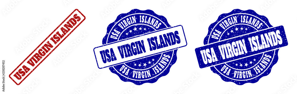 Fototapeta premium USA VIRGIN ISLANDS grunge stamp seals in red and blue colors. Vector USA VIRGIN ISLANDS labels with scratced texture. Graphic elements are rounded rectangles, rosettes, circles and text labels.