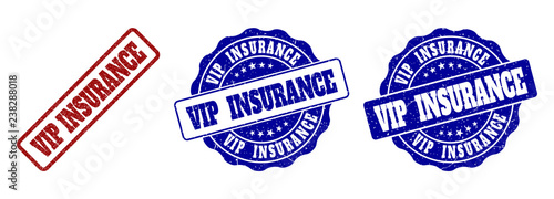 VIP INSURANCE scratched stamp seals in red and blue colors. Vector VIP INSURANCE imprints with scratced style. Graphic elements are rounded rectangles, rosettes, circles and text titles.