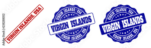 VIRGIN ISLANDS, USA scratched stamp seals in red and blue colors. Vector VIRGIN ISLANDS, USA labels with dirty surface. Graphic elements are rounded rectangles, rosettes, circles and text labels.
