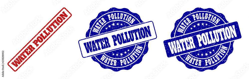 Obraz premium WATER POLLUTION grunge stamp seals in red and blue colors. Vector WATER POLLUTION labels with draft effect. Graphic elements are rounded rectangles, rosettes, circles and text labels.