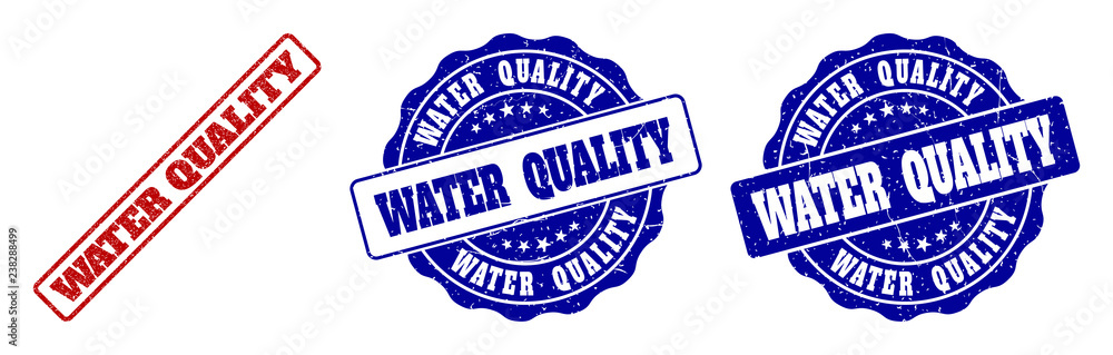 WATER QUALITY grunge stamp seals in red and blue colors. Vector WATER QUALITY labels with dirty texture. Graphic elements are rounded rectangles, rosettes, circles and text labels. WATER QUALITY grunge stamp seals in red and blue colors. Vector WATER QUALITY labels with dirty texture. Graphic elements are rounded rectangles, rosettes, circles and text labels.