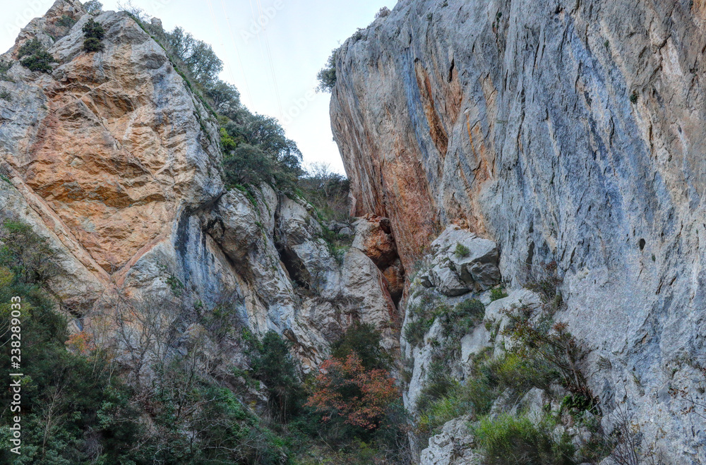 The Foz de Escalete breach on the high rocky escarpments due to water erosion next to La Peña lake, with trees on rocks, at sunset, in Aragon, Spain