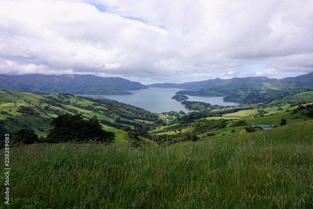 Panoramic Valley and Ocean Views from the Banks Peninsula Scenic Drive to Akaroa, South Island, New Zealand