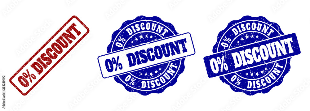 0% DISCOUNT grunge stamp seals in red and blue colors. Vector 0% DISCOUNT overlays with distress effect. Graphic elements are rounded rectangles, rosettes, circles and text titles.