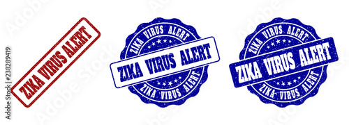 ZIKA VIRUS ALERT grunge stamp seals in red and blue colors. Vector ZIKA VIRUS ALERT overlays with grunge style. Graphic elements are rounded rectangles, rosettes, circles and text labels.