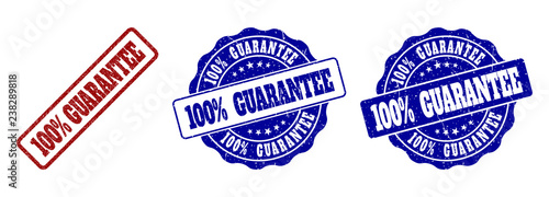 100% GUARANTEE grunge stamp seals in red and blue colors. Vector 100% GUARANTEE marks with grunge surface. Graphic elements are rounded rectangles, rosettes, circles and text captions.