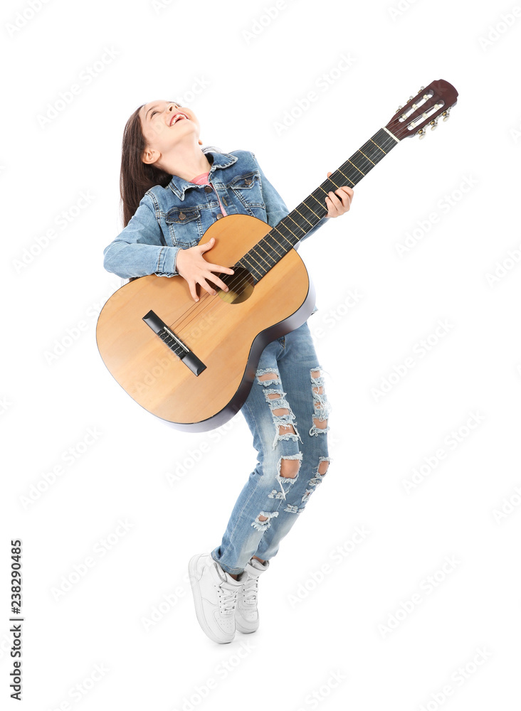 Emotional little girl playing guitar, isolated on white Emotional little girl playing guitar, isolated on white
