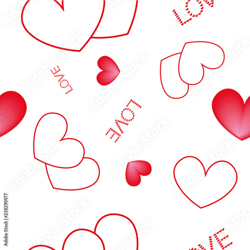 Pattern. Contours and voluminous hearts on pink backgrounds.