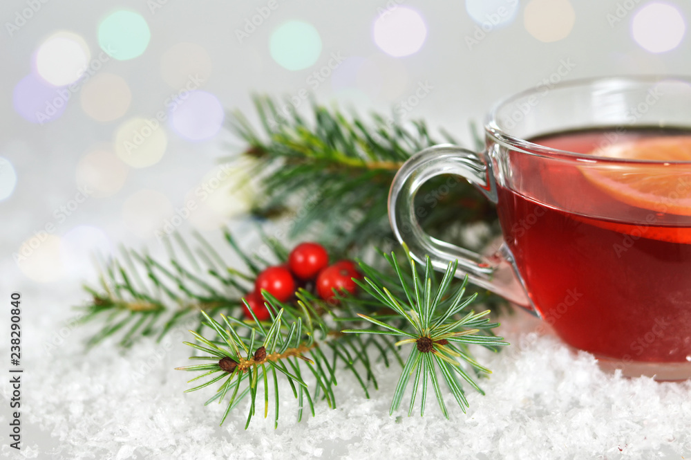 Christmas tea in transparent cup Christmas tea in transparent cup