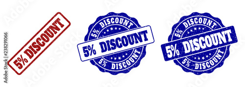 5% DISCOUNT grunge stamp seals in red and blue colors. Vector 5% DISCOUNT labels with grunge texture. Graphic elements are rounded rectangles, rosettes, circles and text captions.
